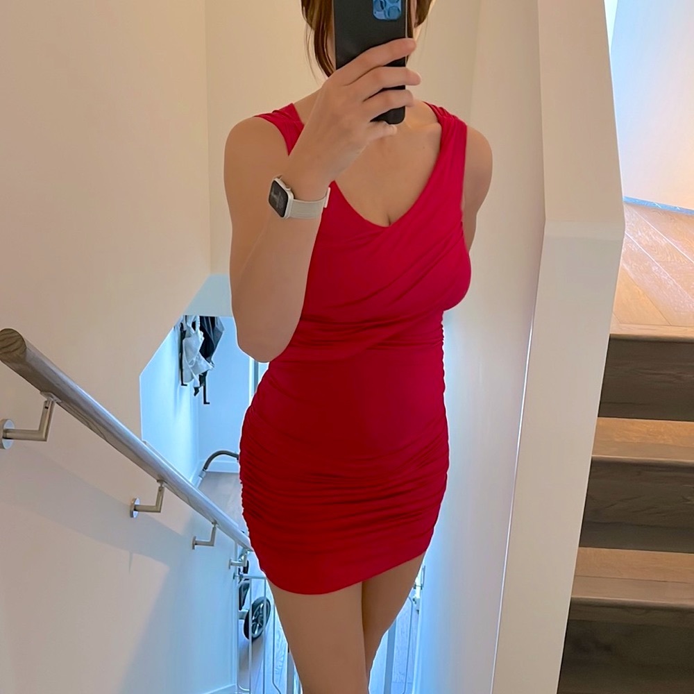 Red ruched mini cocktail dress